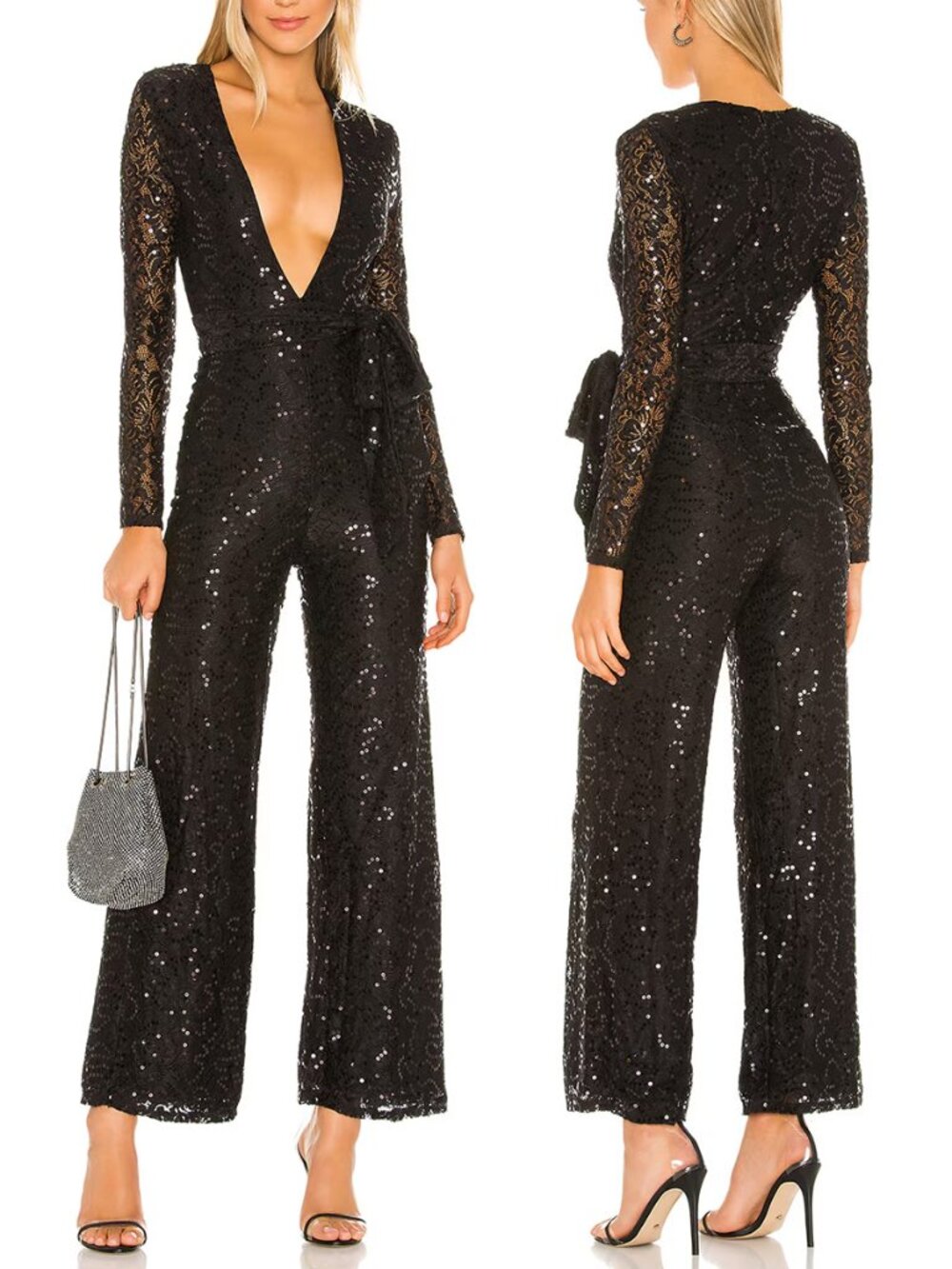 Lovers + Friends Leighton Sequin Jumpsuit Black Plunge V-Neck Wide Leg XXS $185